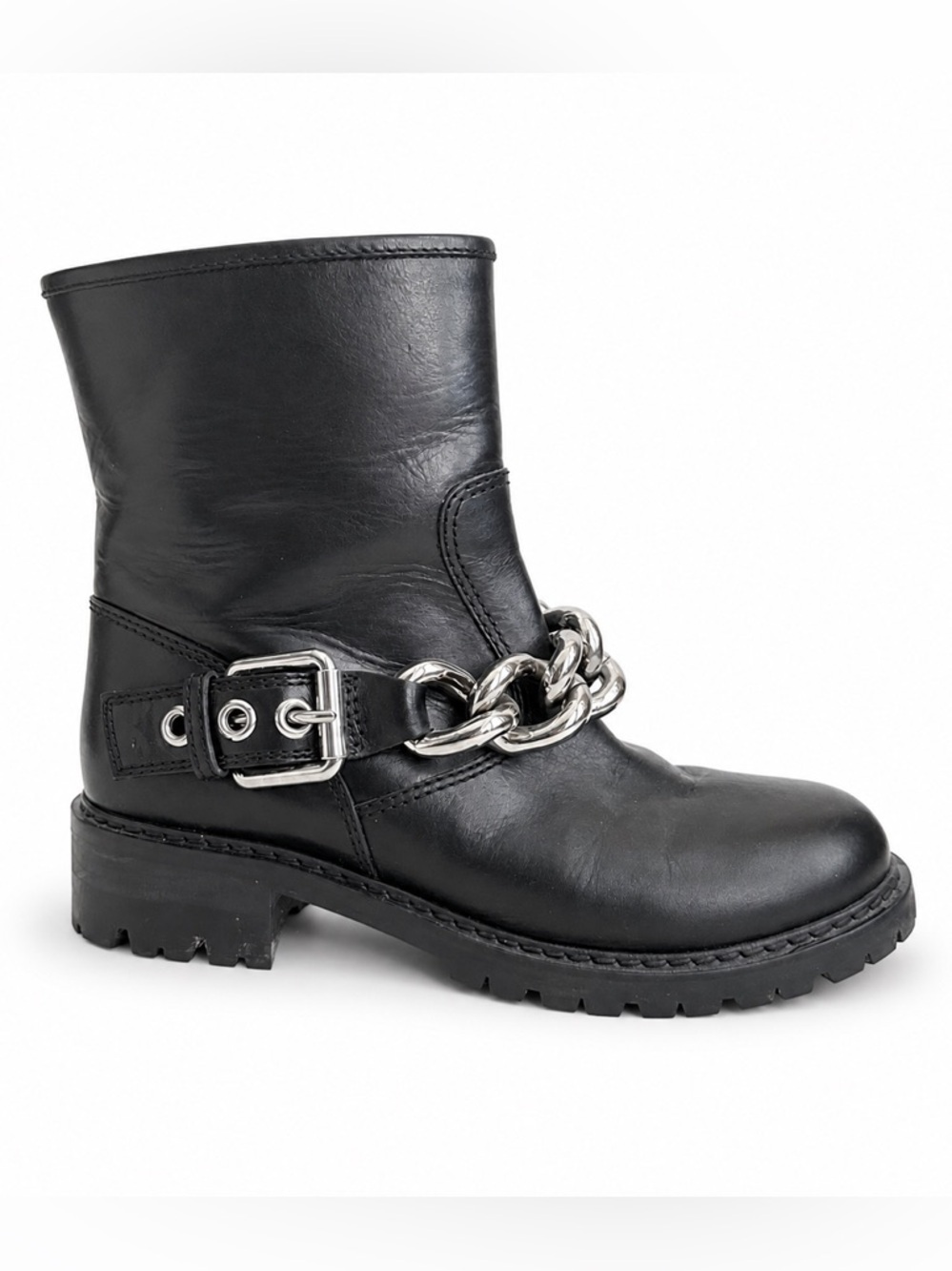 Giuseppe Zanotti Black Leather Chain Buckle Moto Boots Women 38 (US 7.5-8) Lug